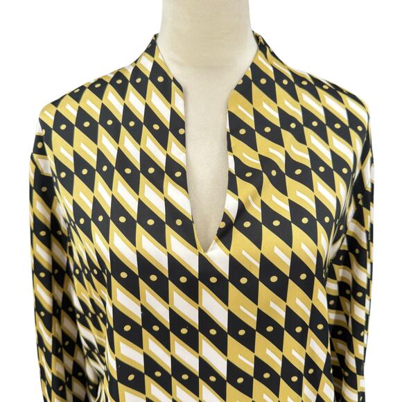 Joie Black & Yellow Geometric Diamond Print Long Sleeve Split V-neck Blouse - Picture 4 of 11